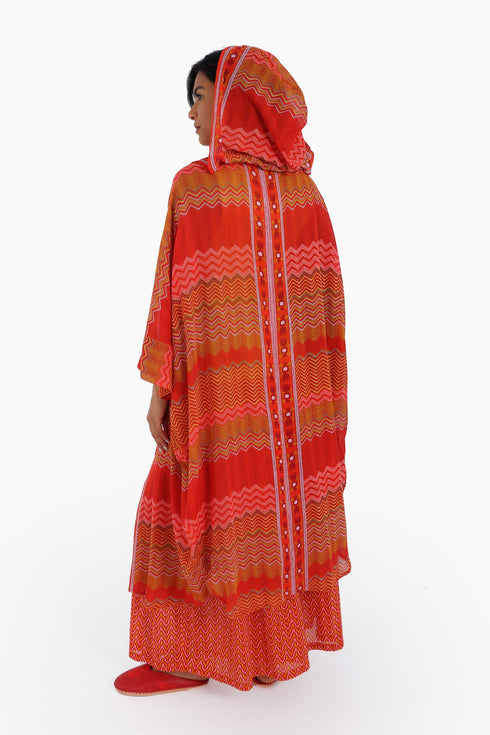 Long printed over sized coat with hoodie and pockets